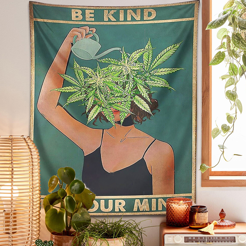 Psychedelic-Leaf-Tapestry-Wall-Hanging-Girl-Be-Kind-Be-Your-Mind-Bohemian-Mystery-Plant-Beach-Room-1