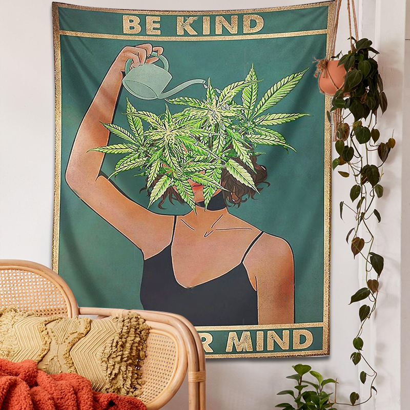Psychedelic-Leaf-Tapestry-Wall-Hanging-Girl-Be-Kind-Be-Your-Mind-Bohemian-Mystery-Plant-Beach-Room-2