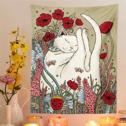 Mysterious Tarot Cat Tapestry Wall Hanging