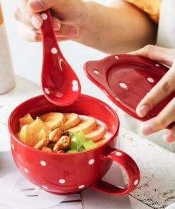 480ml Polka Dots Ceramic Mug with Lid Spoon Red