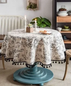 Cotton Linen Table Cloth Round Tablecloth with Tassel Dust-Proof Floral