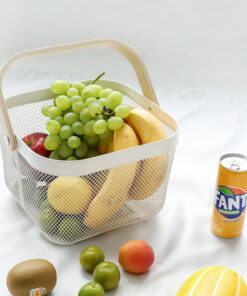 Iron Fruits Vegetables Storage Drain Basket Groceries Container Basket with Wooden Handle