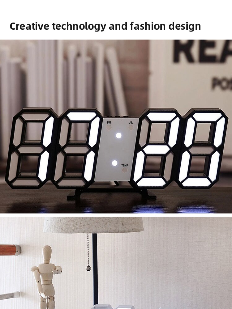 3D LED Digital Luminous Wall Clock, USB Plug In, Black - Image 3
