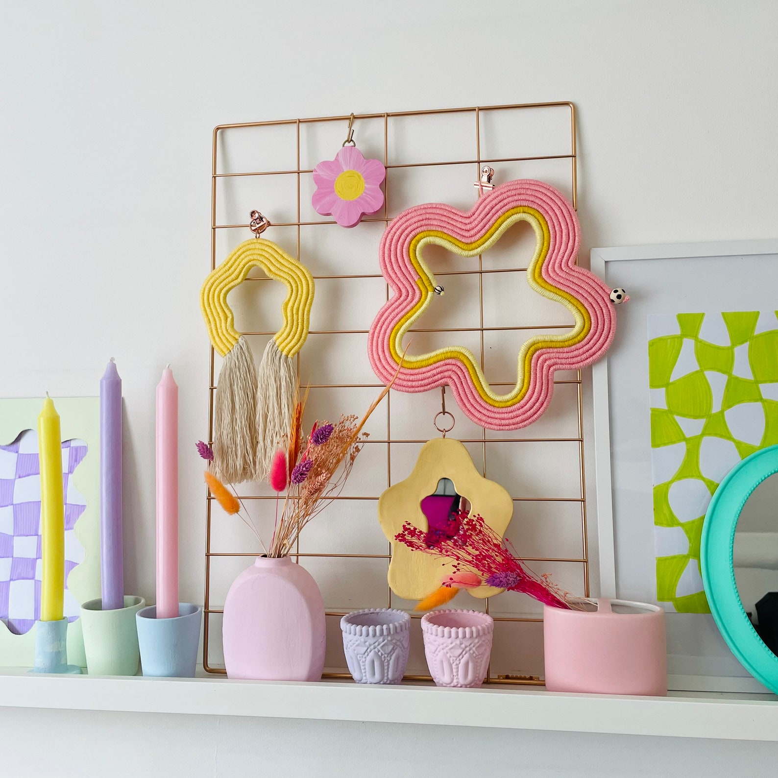 Macrame Flower Wall Hanging, Pink And Yellow Wall Art - Image 4