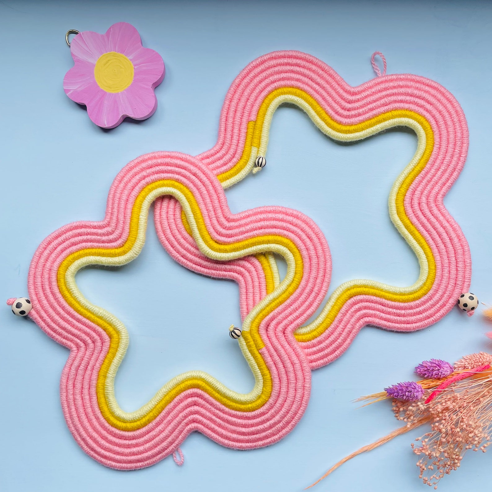 Macrame Flower Wall Hanging, Pink And Yellow Wall Art - Image 5