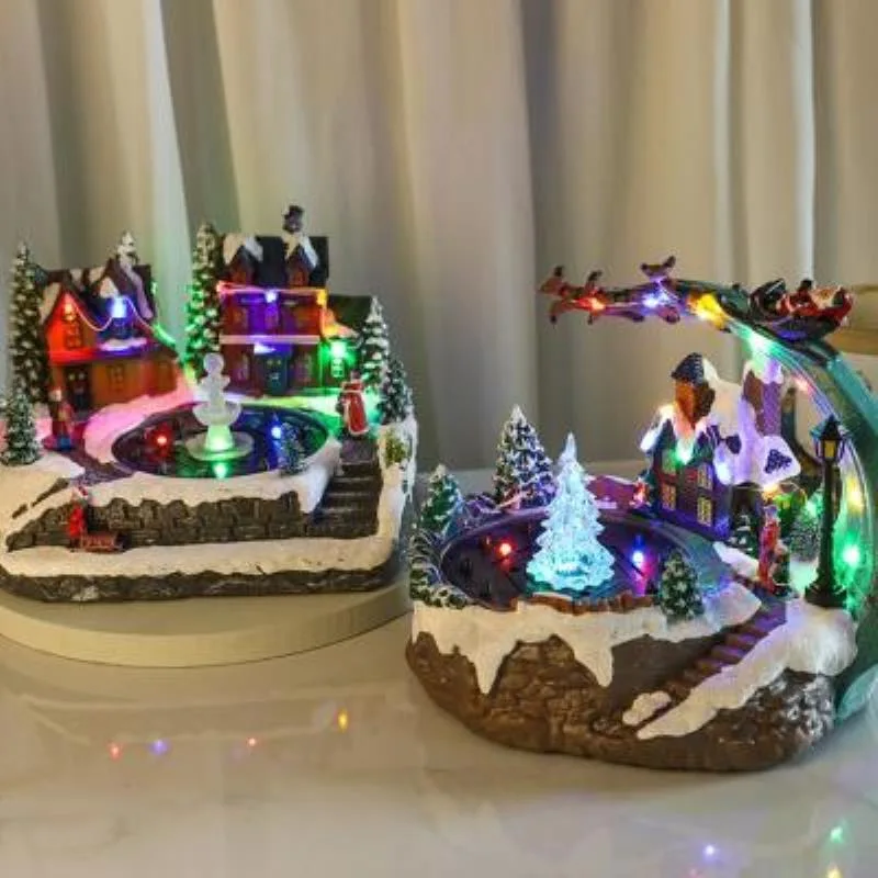 Christmas Scene Village House Figurine Colorful LED Lighted Musical Fountain Home Decoration for Xmas Desktop Bedroom - Image 2