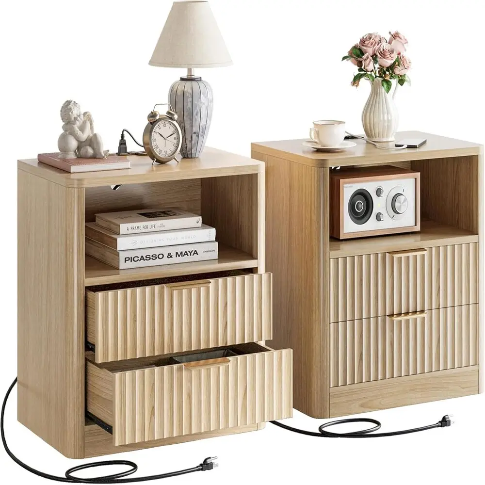 Fluted Night Stand Set Of 2, Modern Nightstand With Charging Station, Drawers And Open Shelves-Bedside Table For Bedroom
