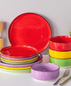 12/18/24PCS Ceramic Plate Set Mix-Color Handpainted Spirals Pattern 4/6PCS Dinner Plates/Dessert/Bowl/Soup Plates