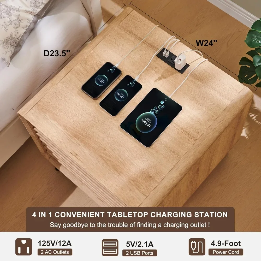 24" Mid-Century Fluted Nightstand - Wooden End Table with Charging Station, 2 Drawers & Open Cubby Storage - Image 4