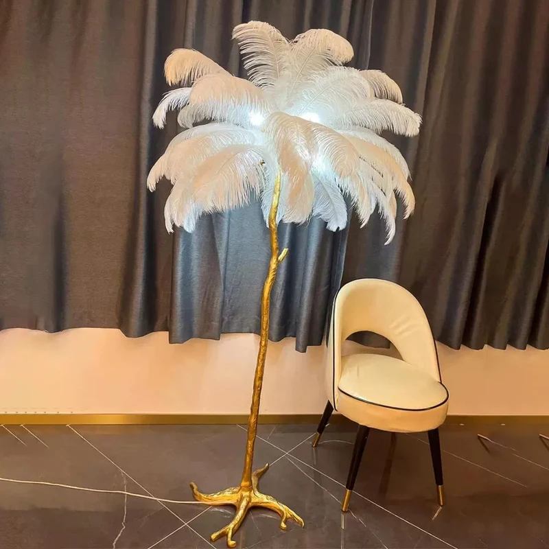 Nordic Ostrich Feather Led Floor Lamp Copper Resin Living Room Home Decor Indoor Lighting Bedroom Bedside Standing Table Light - Image 3