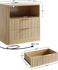 Alternative view of Fluted Night Stand Set Of 2, Modern Nightstand With Charging Station, Drawers And Open Shelves-Bedside Table For Bedroom