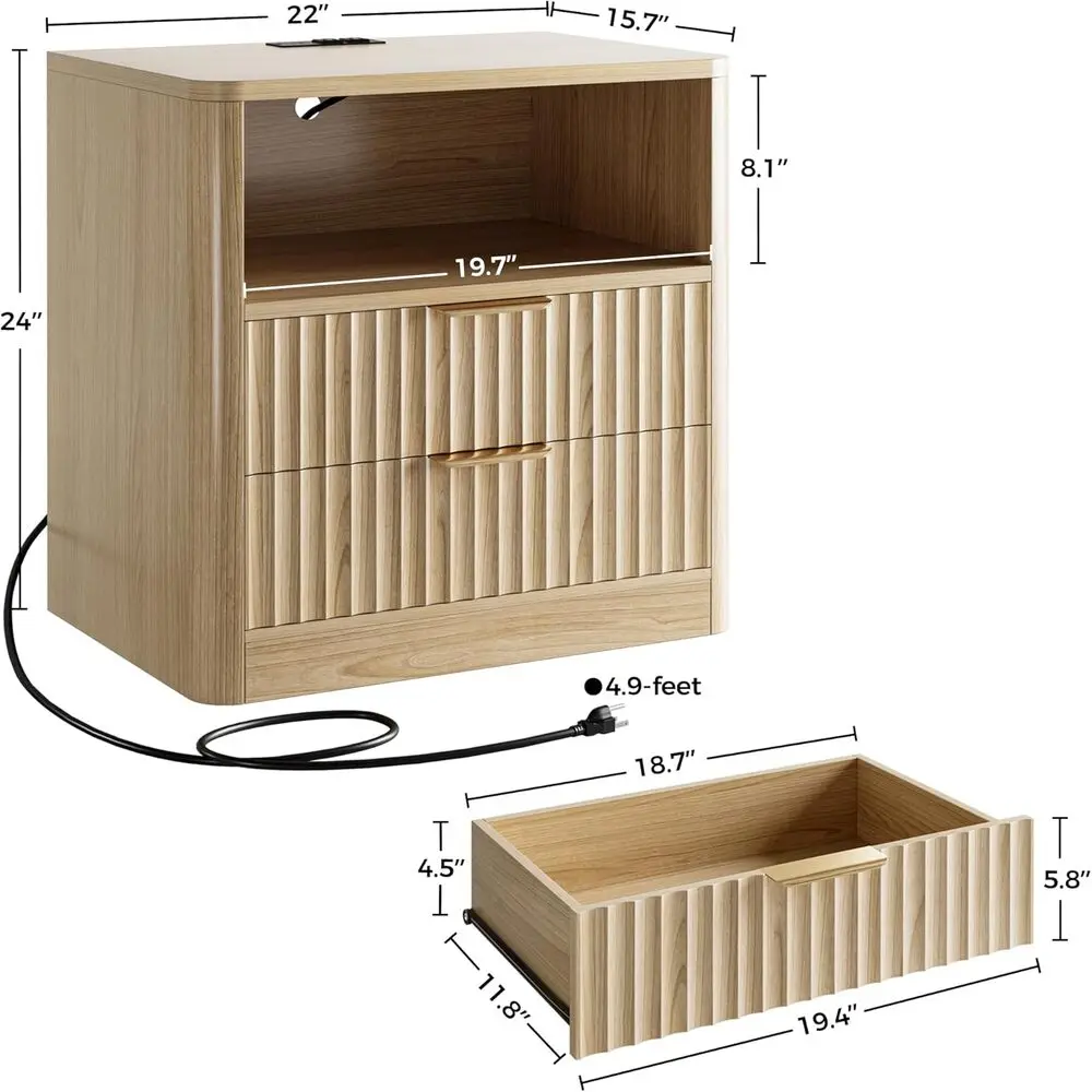 Fluted Night Stand Set Of 2, Modern Nightstand With Charging Station, Drawers And Open Shelves-Bedside Table For Bedroom - Image 2