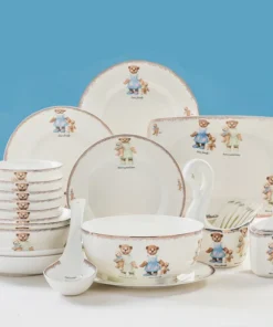 25Pcs Set, Real Bone China Dinnerware Set, Cute Bear Painting, Dinner Chafing Dish Plate, Ceramice Kitchen Food Containers Serve