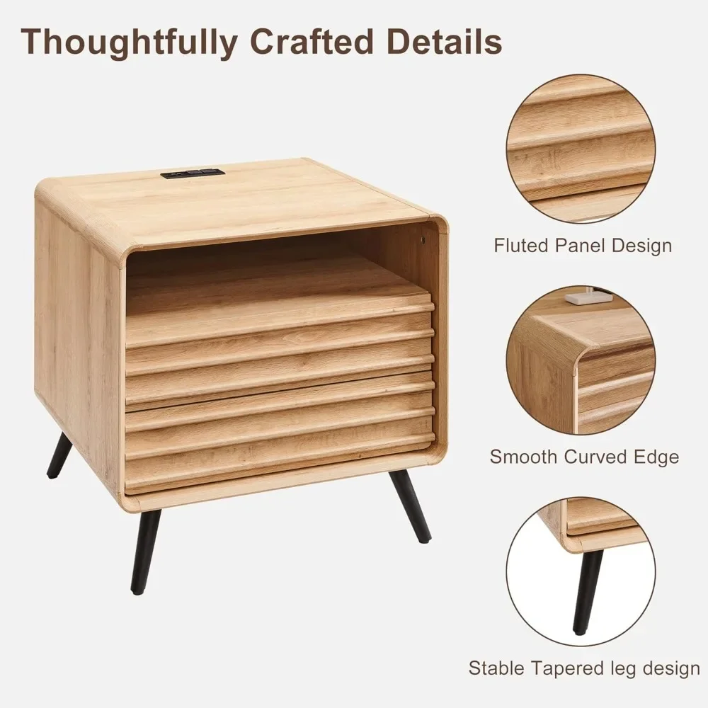 24" Mid-Century Fluted Nightstand - Wooden End Table with Charging Station, 2 Drawers & Open Cubby Storage - Image 6