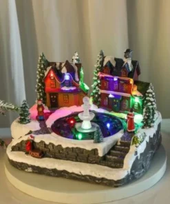 Christmas Scene Village House Figurine Colorful LED Lighted Musical Fountain Home Decoration for Xmas Desktop Bedroom