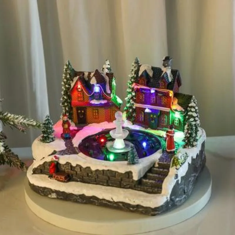 Christmas Scene Village House Figurine Colorful LED Lighted Musical Fountain Home Decoration for Xmas Desktop Bedroom