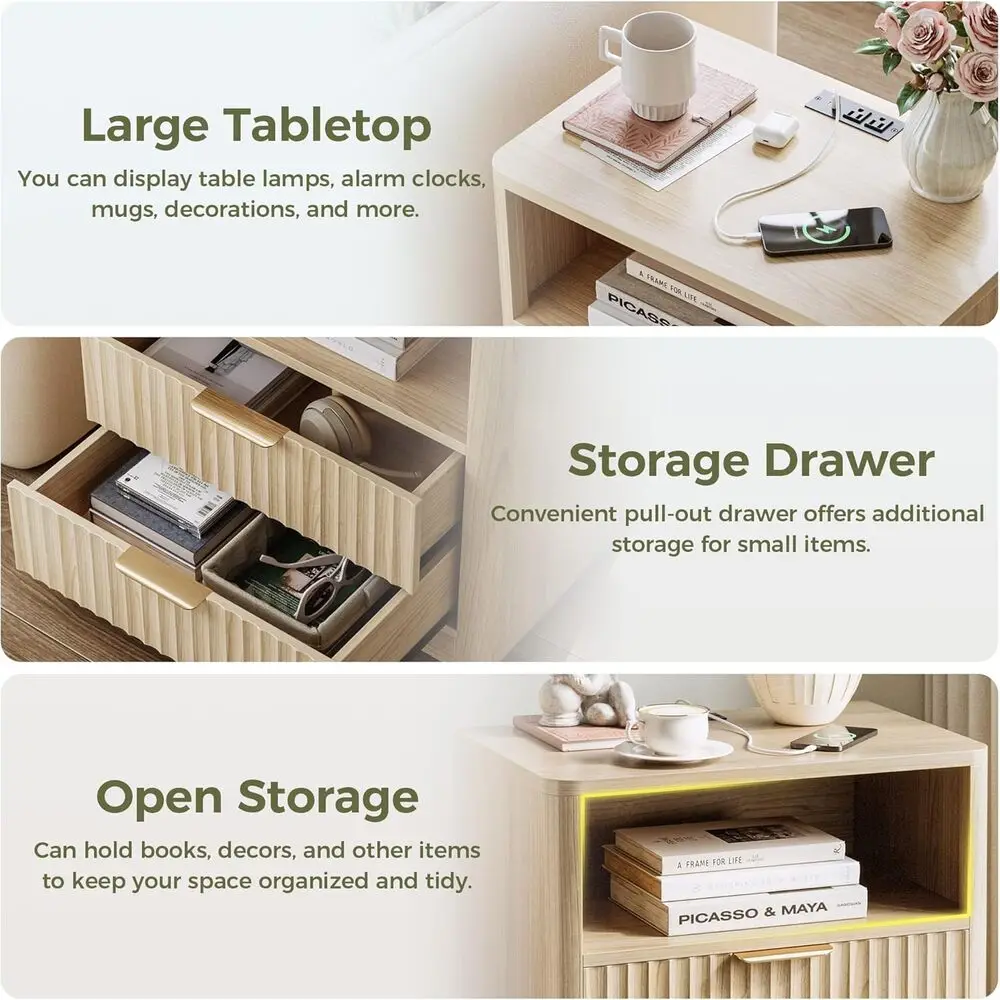 Fluted Night Stand Set Of 2, Modern Nightstand With Charging Station, Drawers And Open Shelves-Bedside Table For Bedroom - Image 4