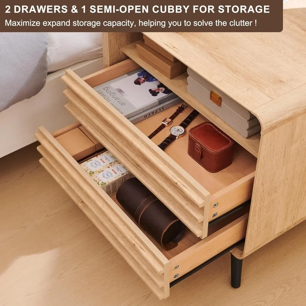 24" Mid-Century Fluted Nightstand - Wooden End Table with Charging Station, 2 Drawers & Open Cubby Storage - Image 5