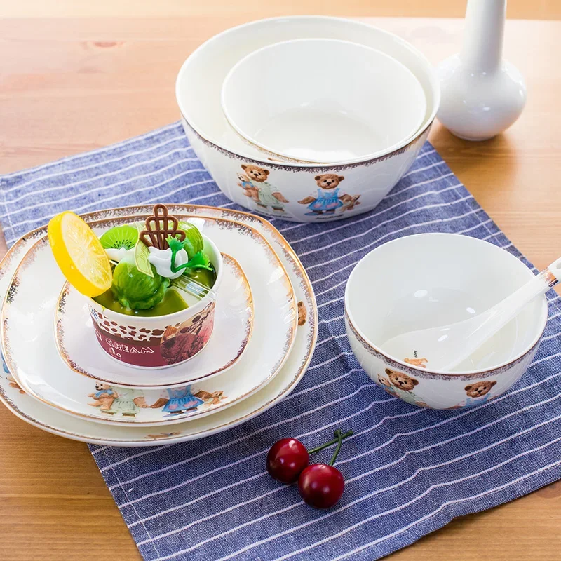 25Pcs Set, Real Bone China Dinnerware Set, Cute Bear Painting, Dinner Chafing Dish Plate, Ceramice Kitchen Food Containers Serve - Image 3