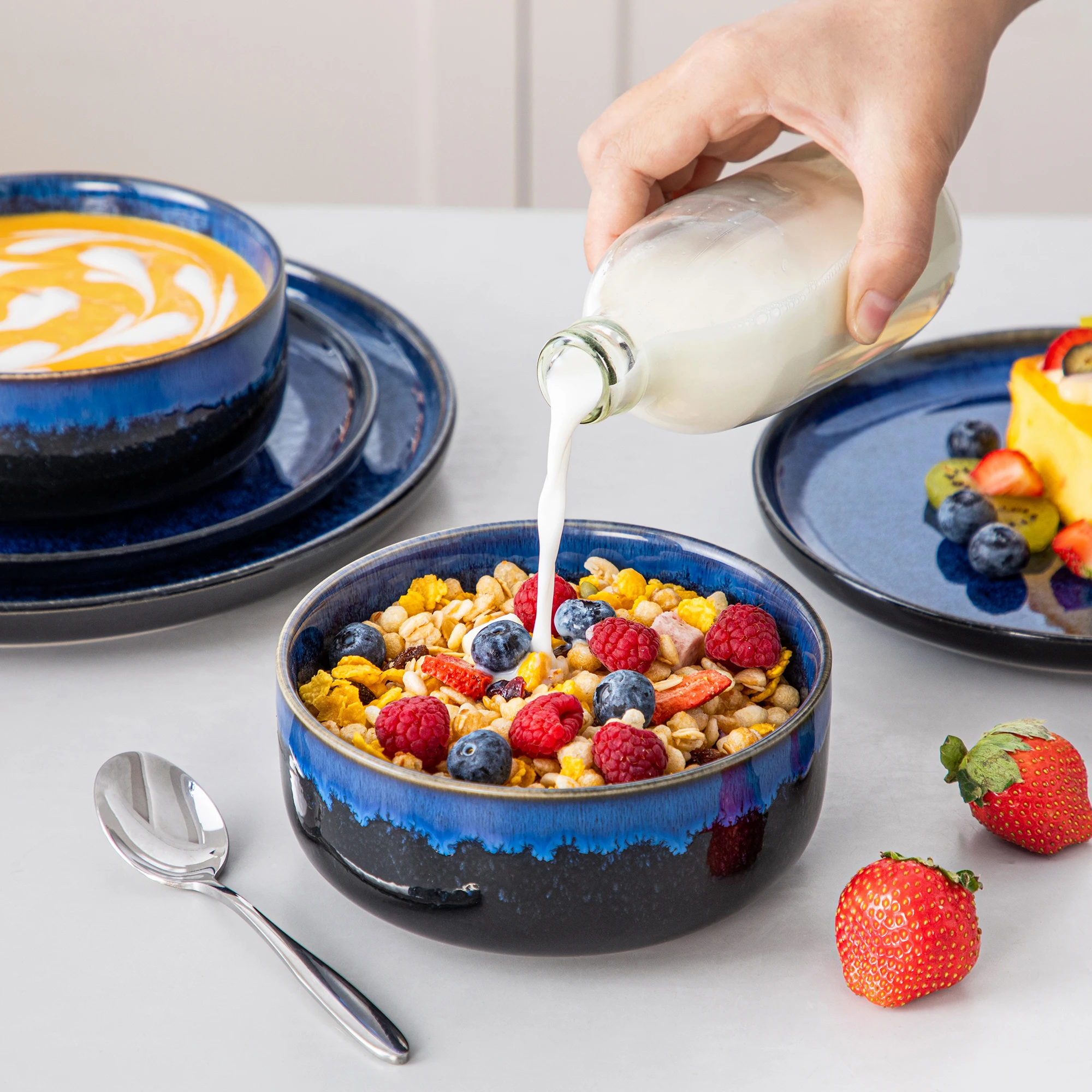 12/18 Piece Blue Klin Change Glaze Dinnerware Set Plates Dinner Sets with 4/6 PCS Dinner Plate/Dessert/Cereal Bowl - Image 5