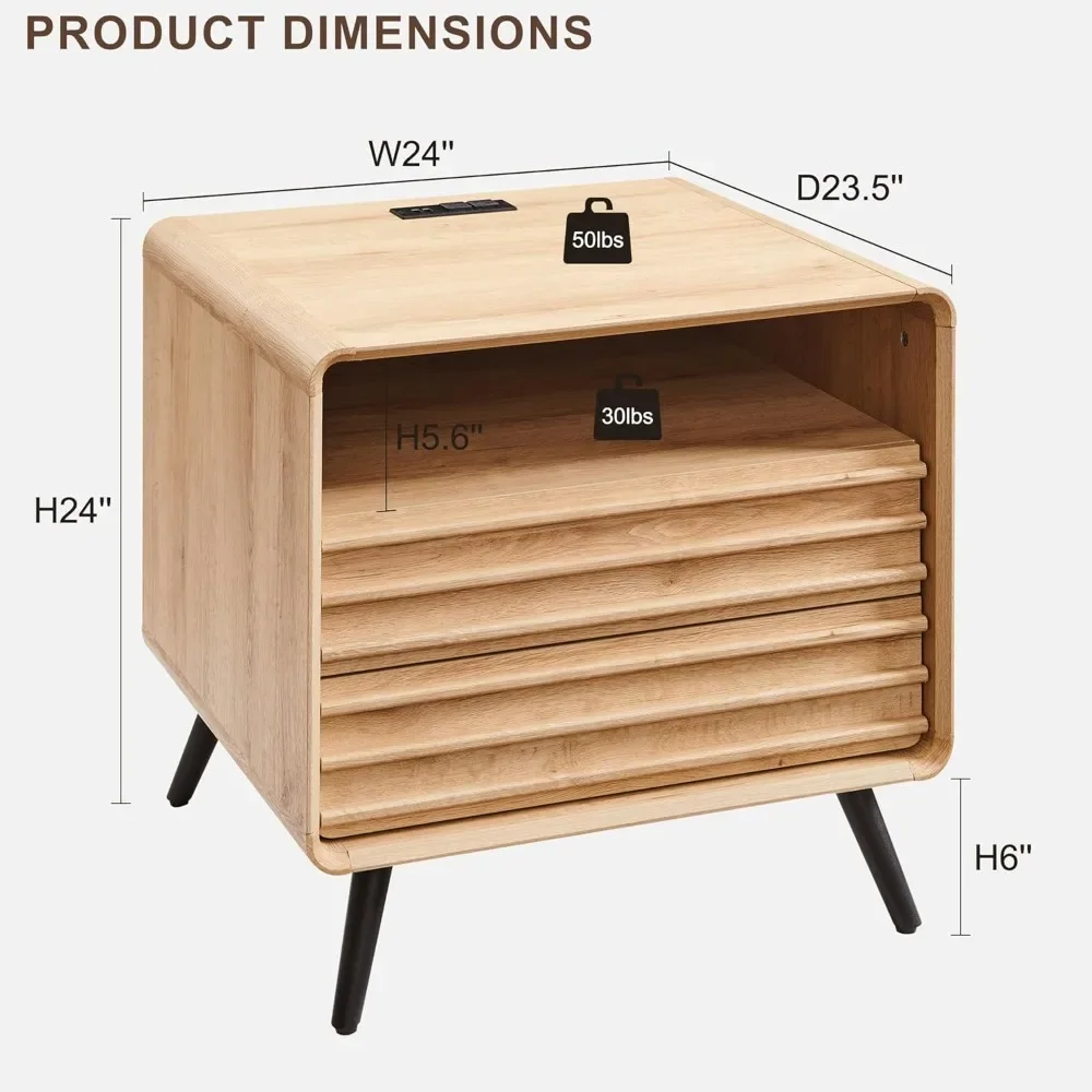24" Mid-Century Fluted Nightstand - Wooden End Table with Charging Station, 2 Drawers & Open Cubby Storage - Image 2
