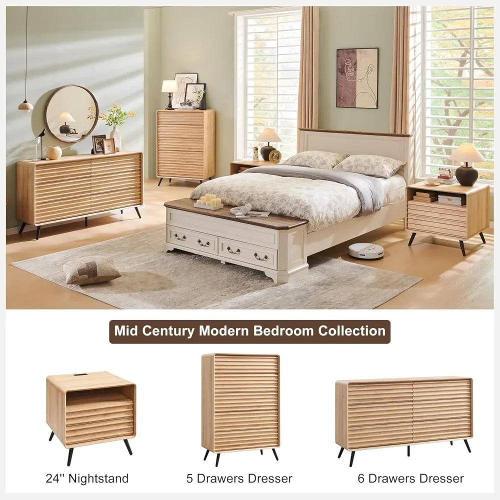 24" Mid-Century Fluted Nightstand - Wooden End Table with Charging Station, 2 Drawers & Open Cubby Storage - Image 3