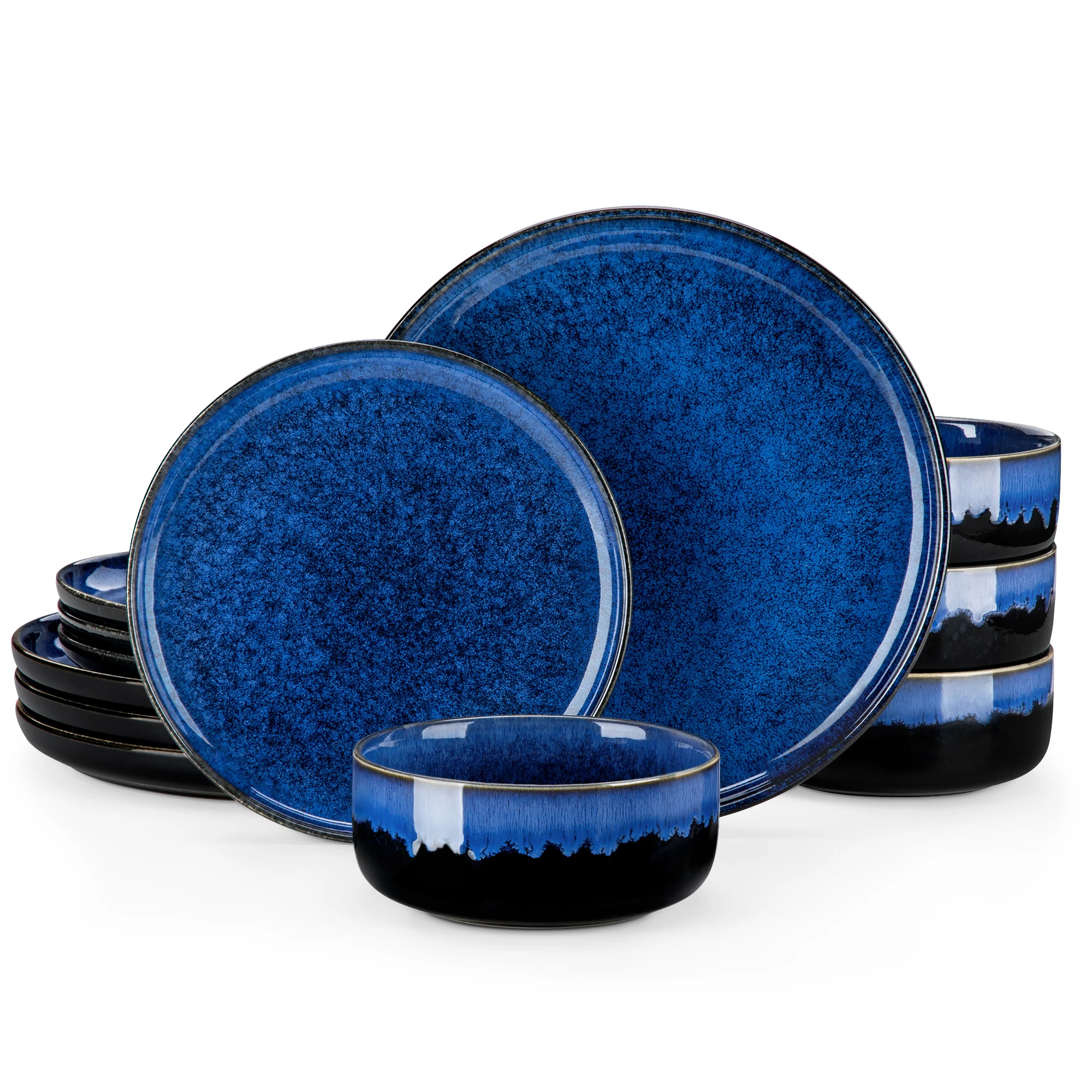 12/18 Piece Blue Klin Change Glaze Dinnerware Set Plates Dinner Sets with 4/6 PCS Dinner Plate/Dessert/Cereal Bowl