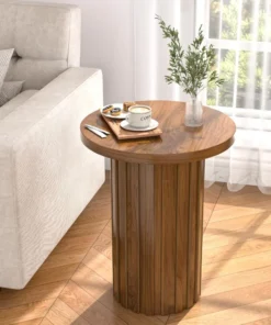 Rustic Round Pedestal Side Table with Fluted Panel for Small Living Spaces in Walnut Finish