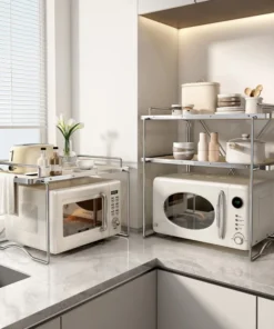 Alternative view of 2-layer Microwave Oven Storage Rack Retractable Countertop Gadget Set Floor Stand Kitchen Seasoning Holder Spicy Organizer Shelf