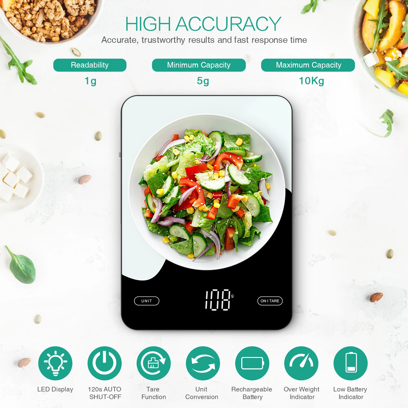 Digital Food Scale 10kg/1g Kitchen Scales with Nutrition Calculator APP Rechargeable Gram Scale for Weight Loss Baking Scale - Image 2