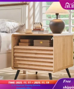 24" Mid-Century Fluted Nightstand - Wooden End Table with Charging Station, 2 Drawers & Open Cubby Storage