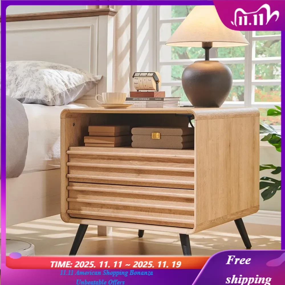 24" Mid-Century Fluted Nightstand - Wooden End Table with Charging Station, 2 Drawers & Open Cubby Storage